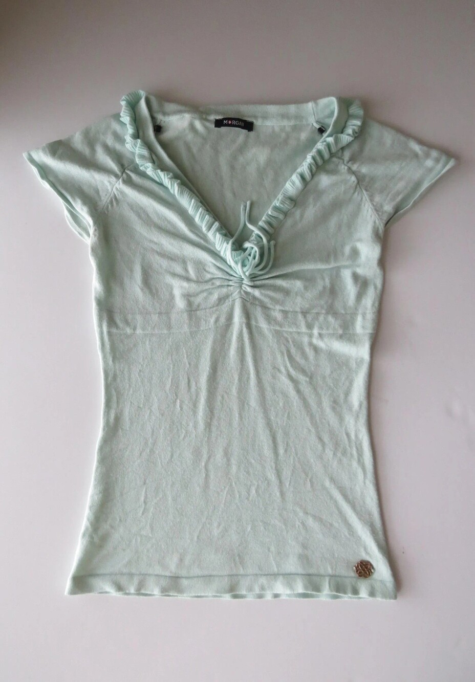 Vintage Morgan de Toi Mint Green French Knit Top, Ruffle V Neck, France 2000s